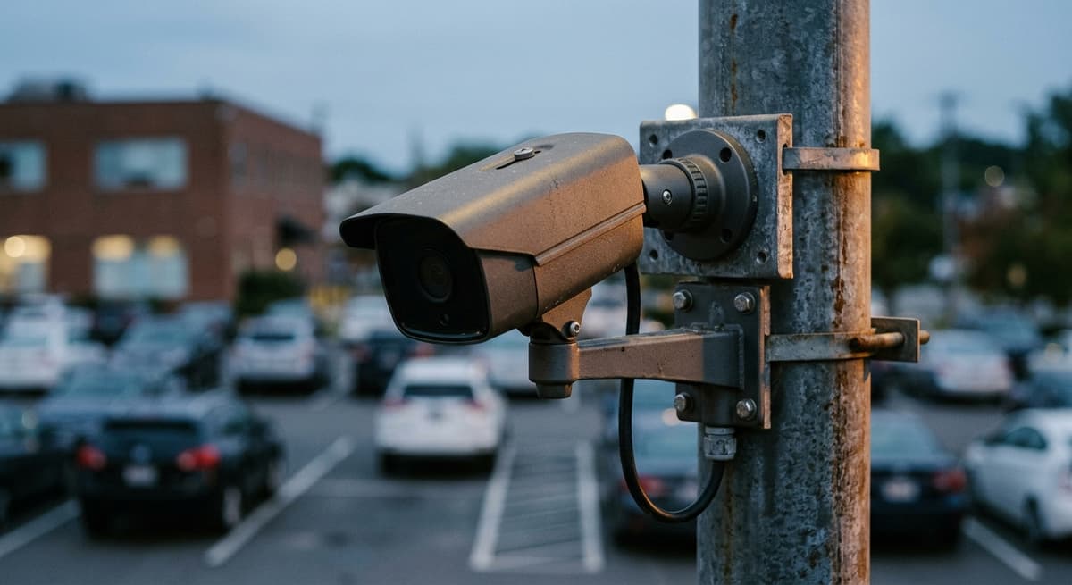 parking lot surveillance camera mounted on a light pole
