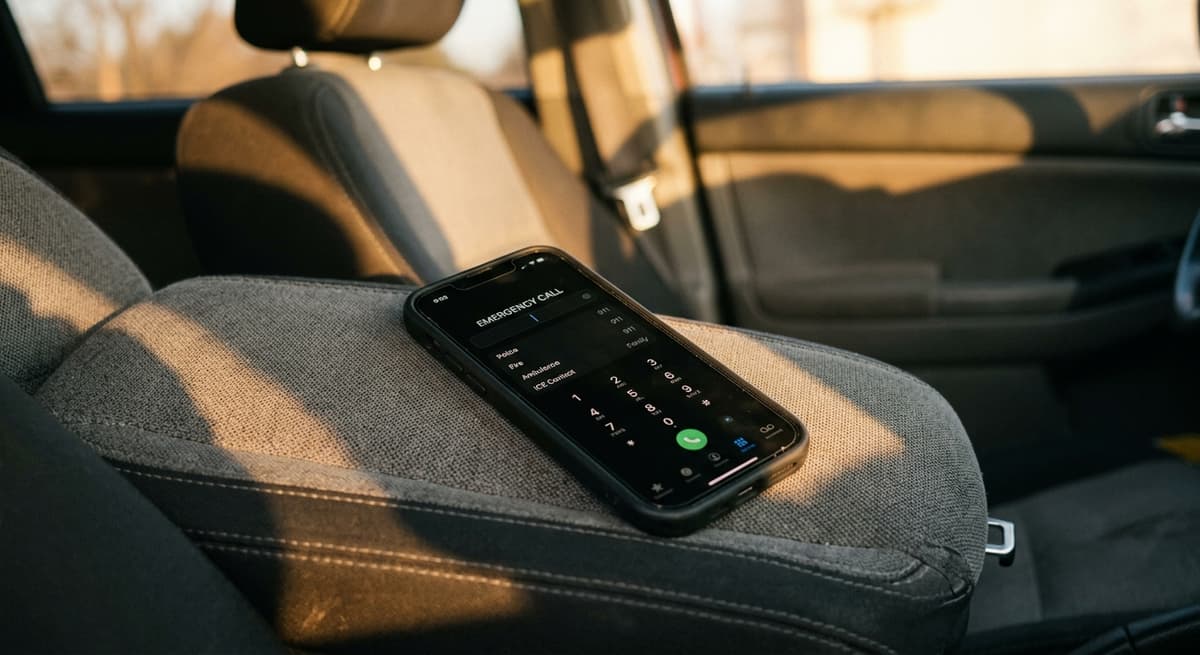 North Carolina smartphone showing a dialing screen with emergency numbers, lying on a car seat