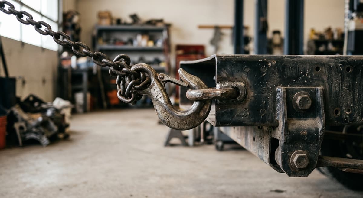 Saskatchewan tow truck hook and chain attached to a vehicle frame