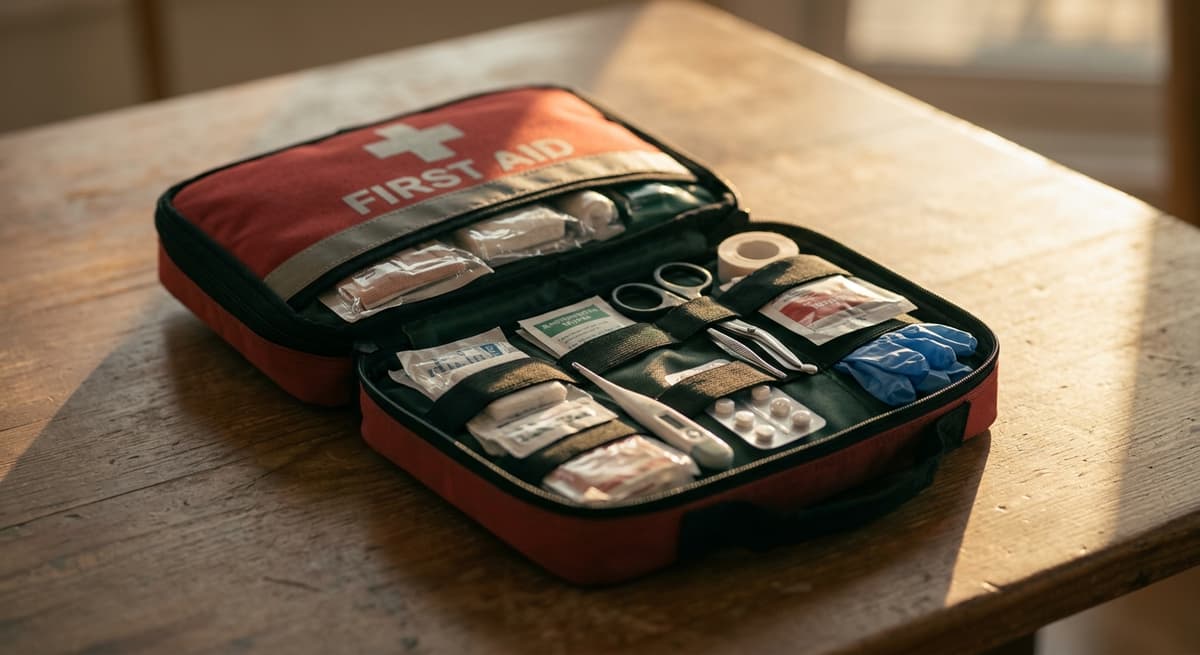 Saskatchewan medical first aid kit open on a flat surface
