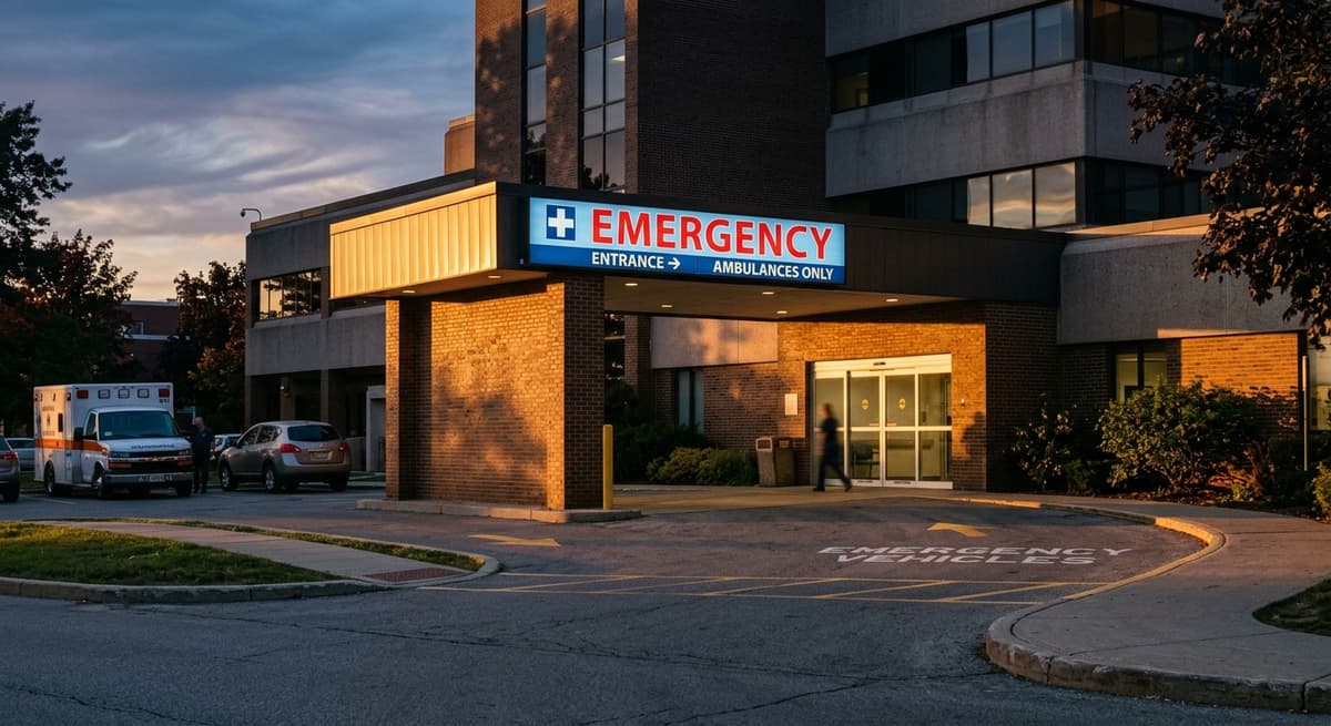 South Dakota hospital emergency entrance sign illuminated at twilight