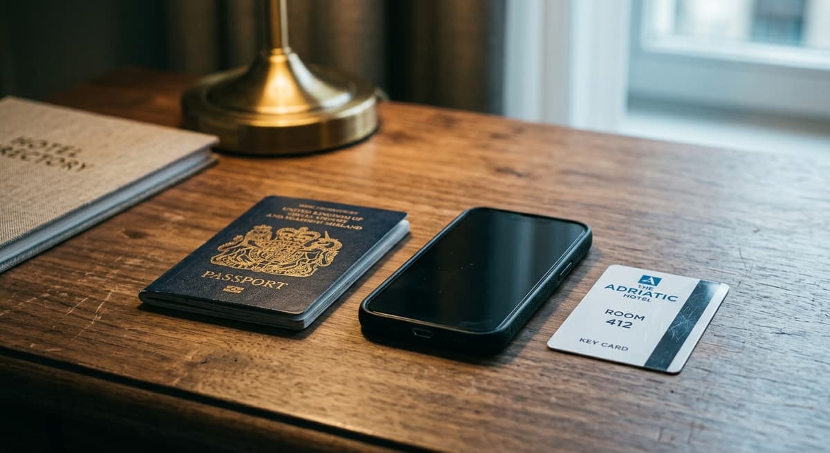passport lying closed on a hotel desk beside a smartphone and room key card