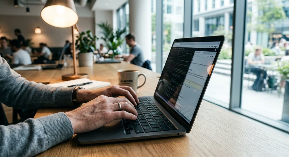 hands typing on a laptop keyboard in a bright modern co-working space, large windows in background