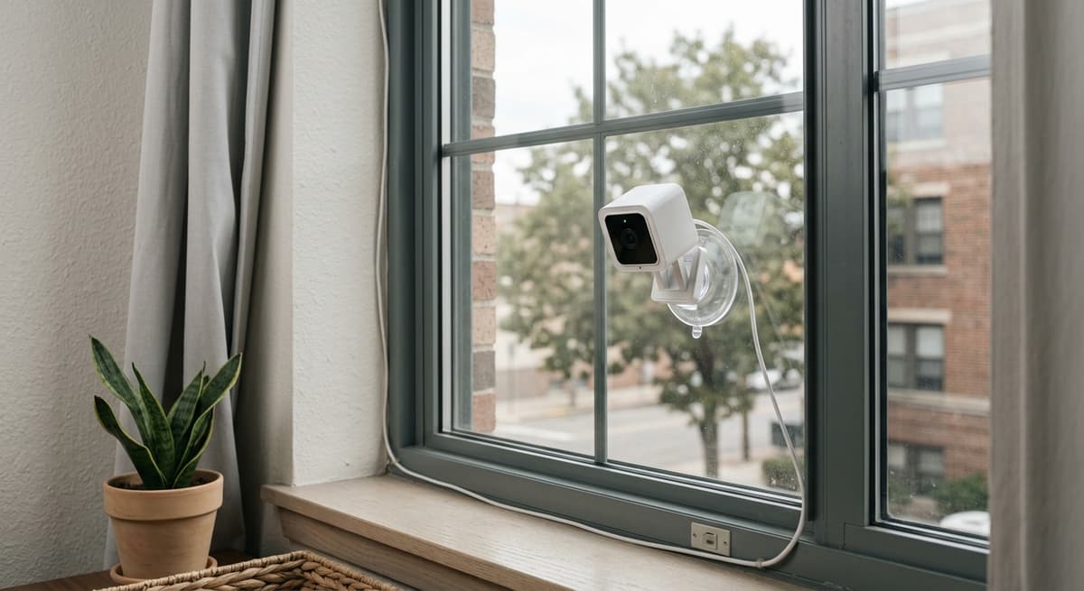 Delaware apartment window with a security camera suction-mounted on the inside glass