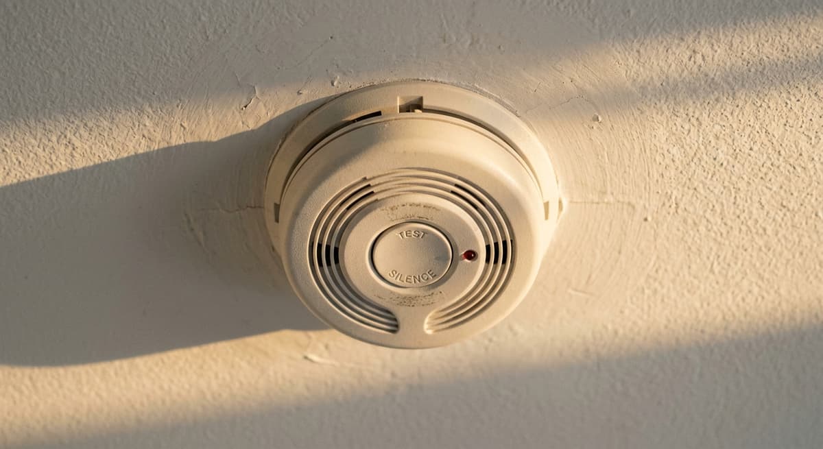 Delaware smoke detector on a white apartment ceiling, standard round housing