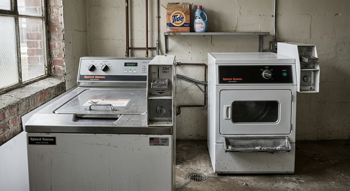 Arkansas laundry room in an apartment basement with coin-operated machines
