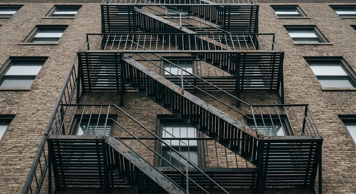 Delaware apartment building fire escape stairs viewed from below