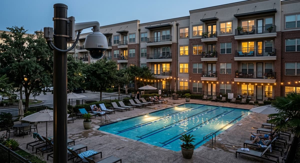 California swimming pool area behind an apartment complex with a camera on a pole