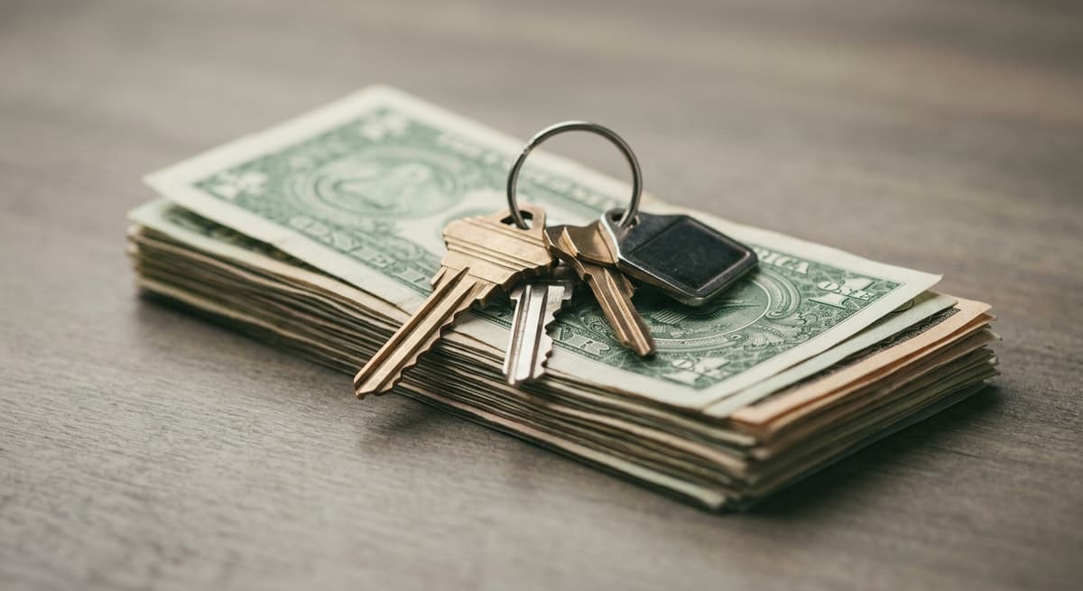 un juego de llaves de apartamento sobre un fajo de billetes, sin personas
