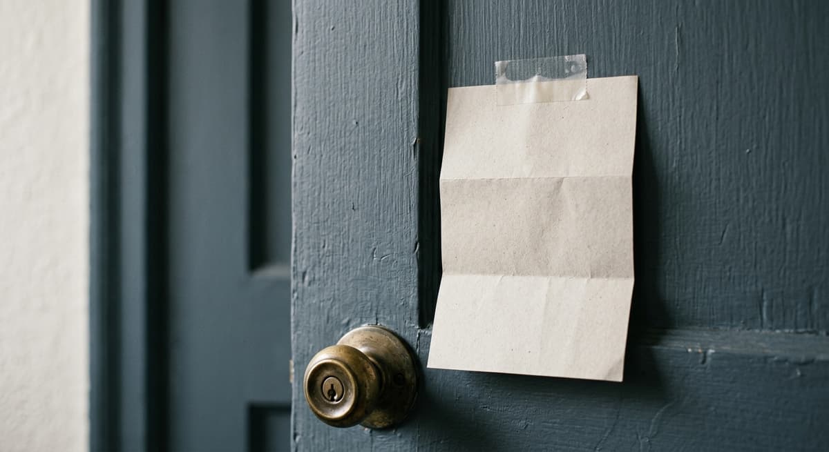 un aviso doblado pegado a la puerta de un apartamento, sin personas