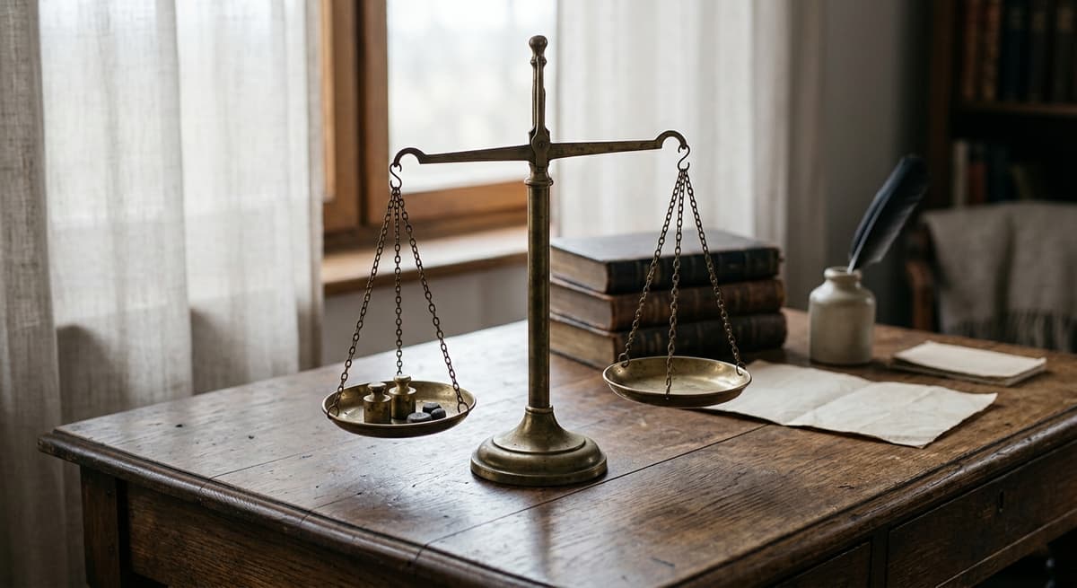 una balanza de bronce sobre un escritorio de madera