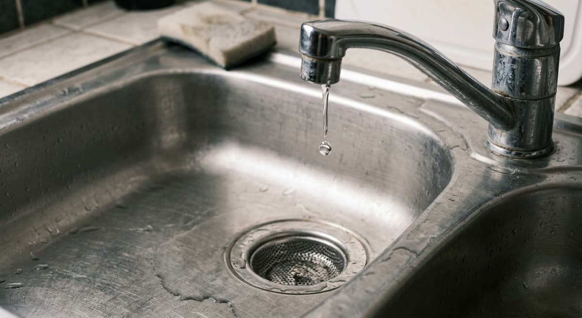 un grifo que gotea sobre el fregadero de una cocina, primer plano, sin personas