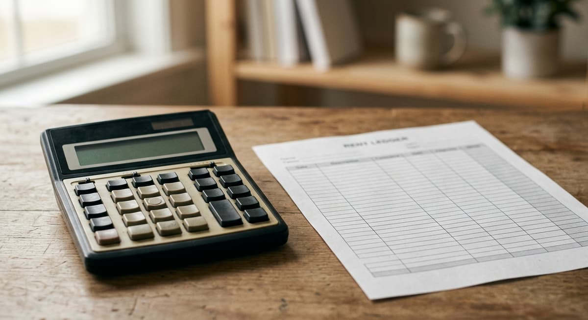 una calculadora y un registro de renta impreso sobre un escritorio, sin personas