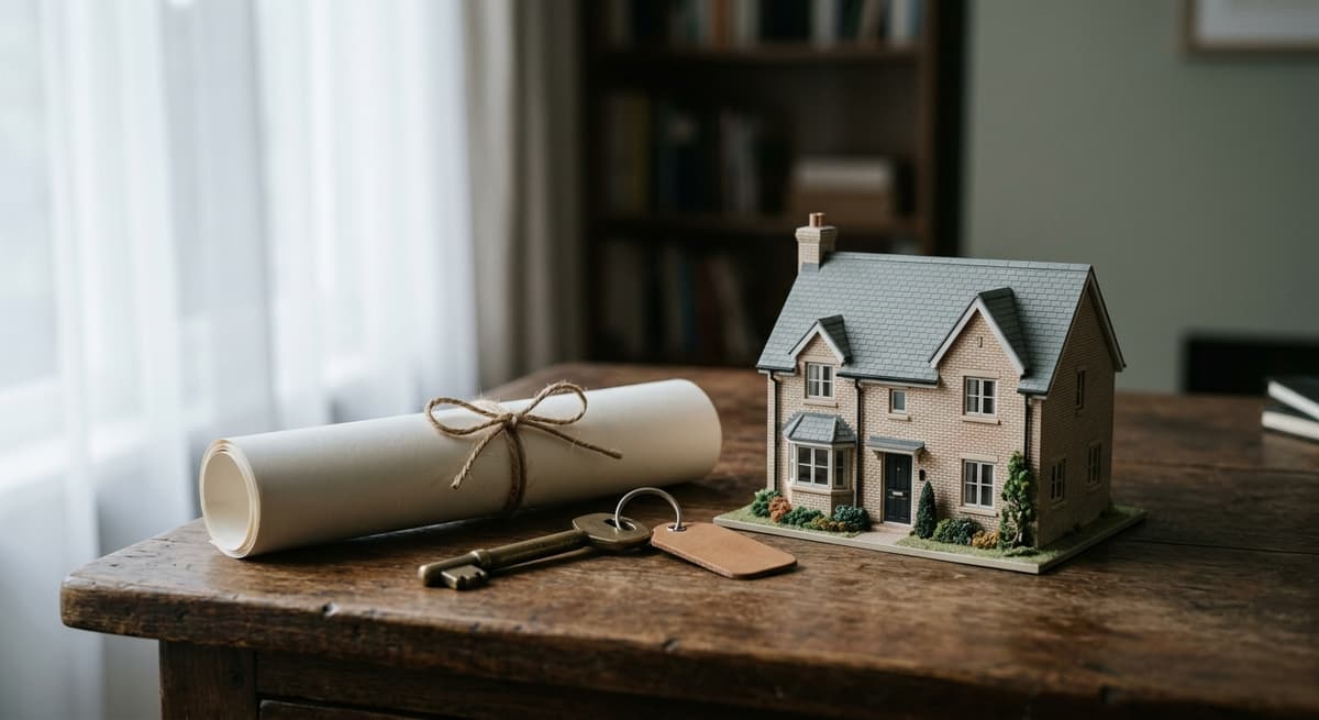 una casa en miniatura junto a una llave y un contrato enrollado sobre un escritorio, sin personas
