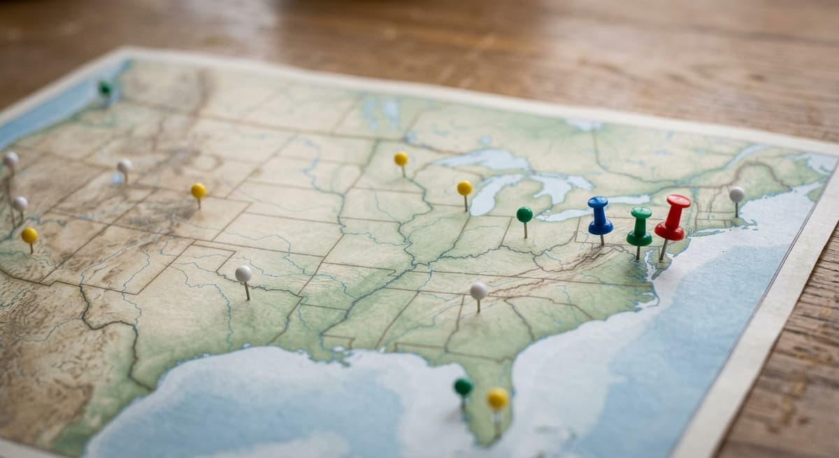 un mapa impreso de los Estados Unidos sobre un escritorio con alfileres de colores