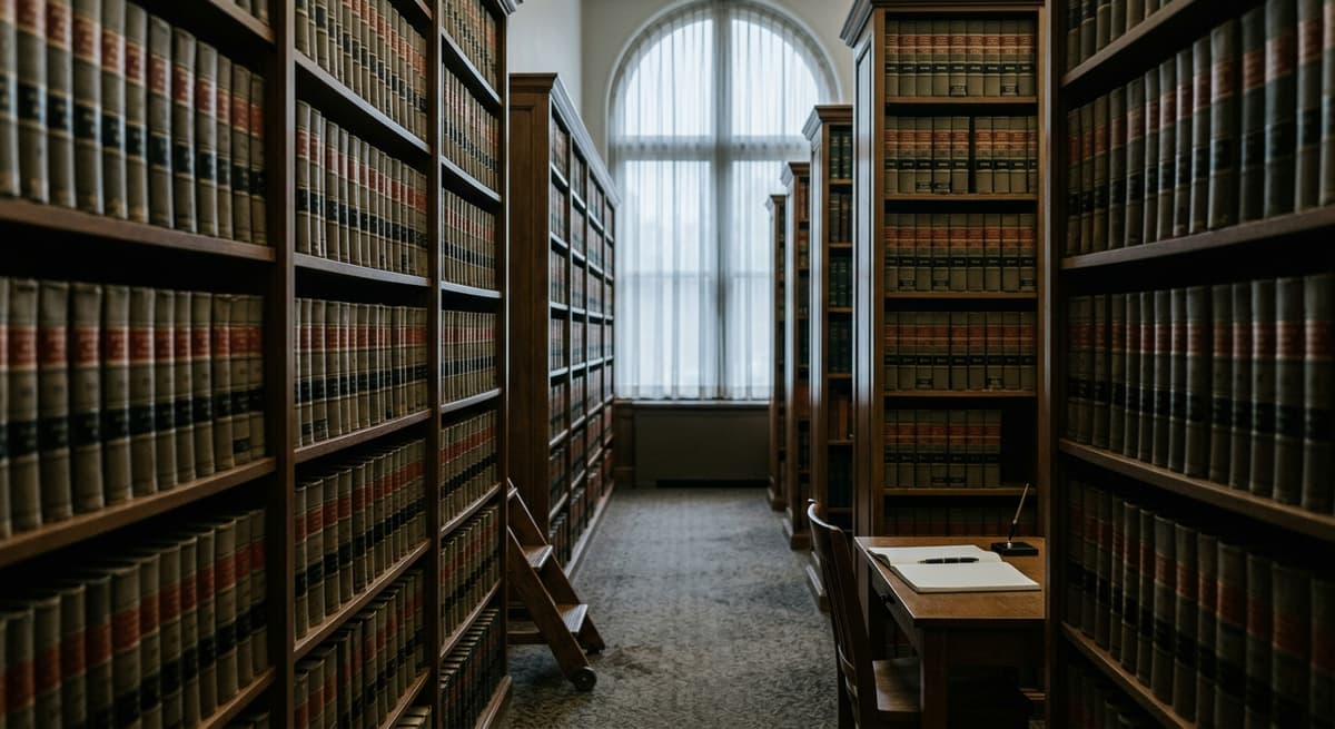 un pasillo silencioso de una biblioteca juridica con estanterias altas de volumenes legales encuadernados