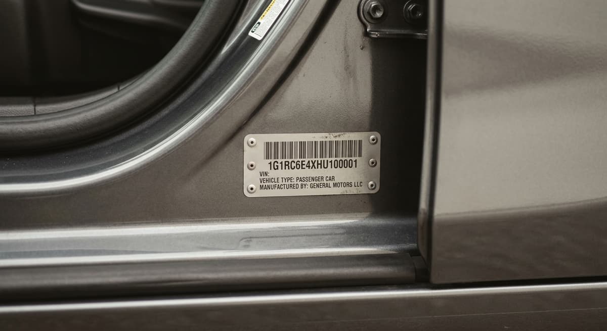 United States vehicle identification number plate on a car door jamb