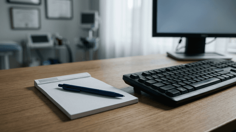 Indiana prescription pad and pen on a doctor desk beside a computer keyboard