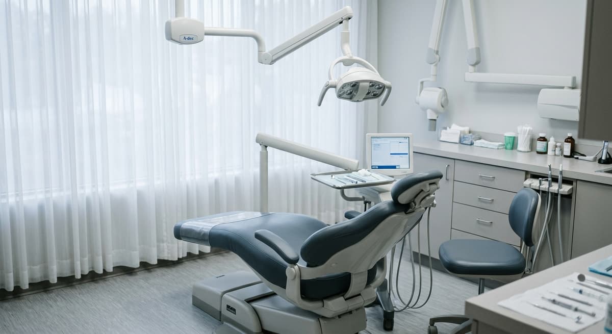 Iowa dental office chair and overhead light, no people, clean clinical setting