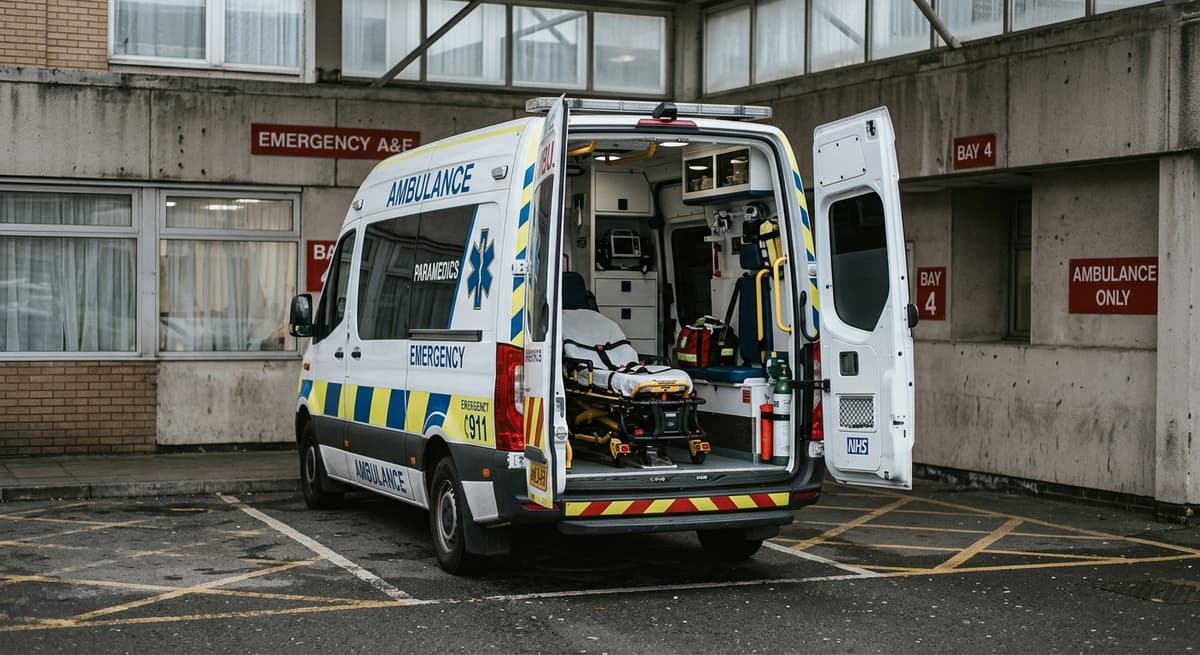 Georgia ambulance exterior with open back doors, parked in a hospital bay