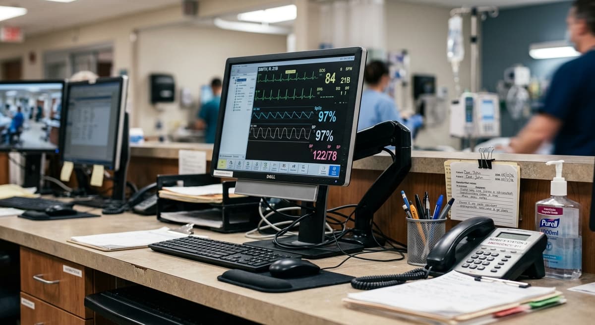 Misisipi mostrador de la estacion de enfermeria en una sala de hospital con monitores visibles