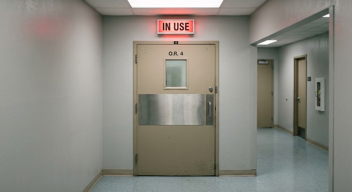 Maine operating room door with a red in-use indicator light above it
