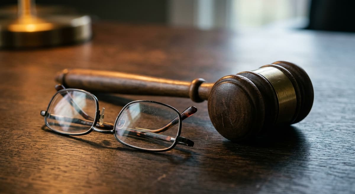 gavel resting next to reading glasses on a dark surface