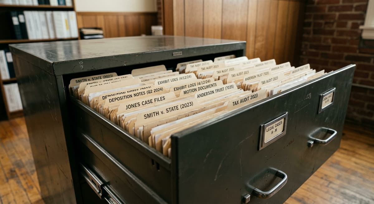 filing cabinet with organized legal folders