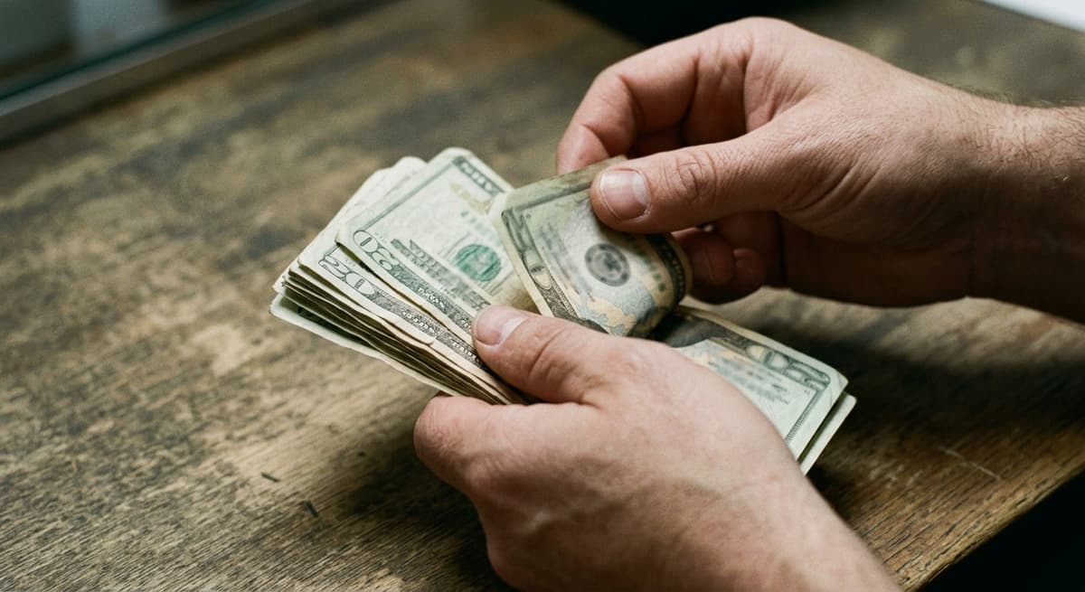 US hands counting paper bills over a countertop