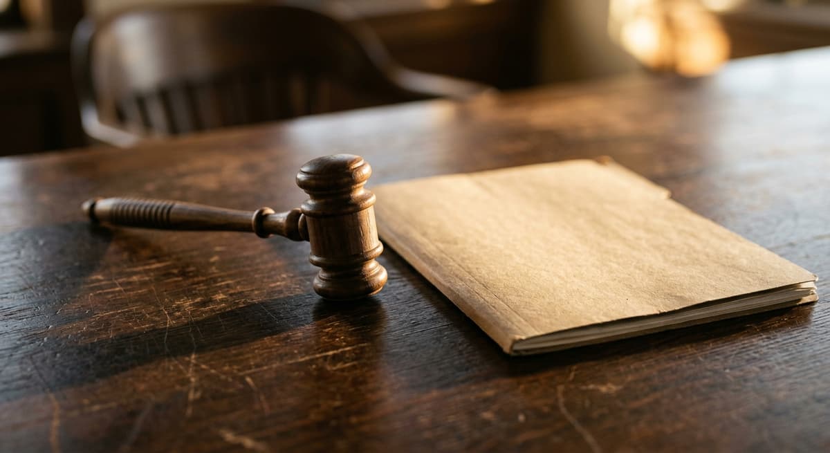 US gavel beside a closed folder on a wooden desk