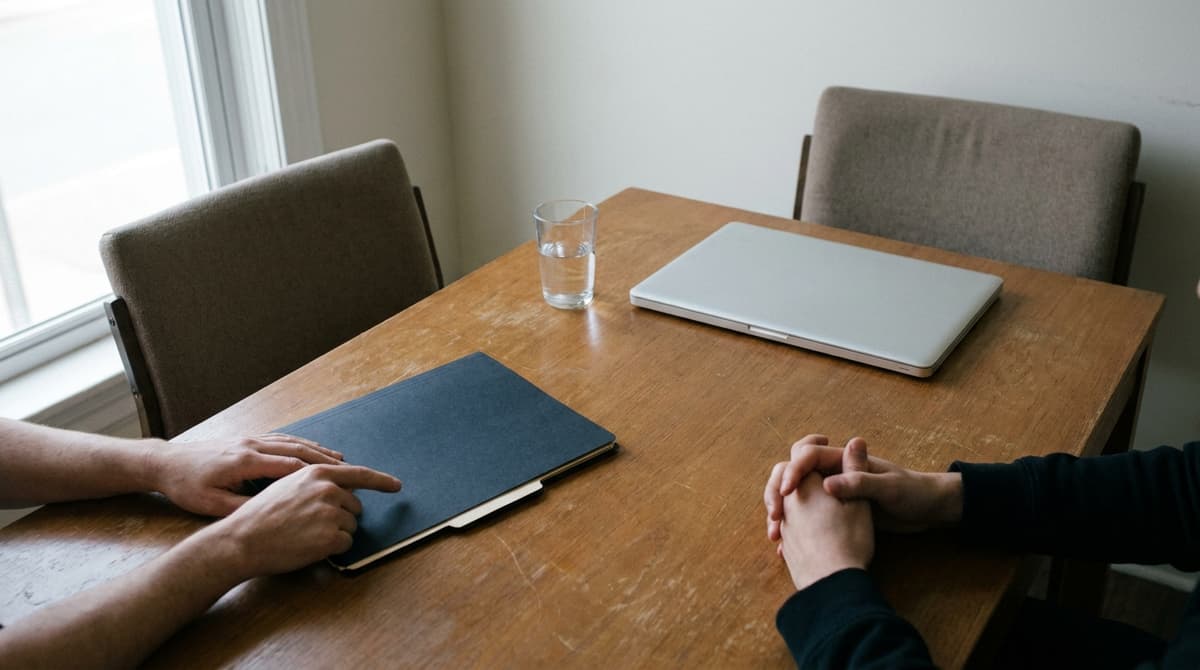Dos personas en una mesa de madera, una con la mano sobre una carpeta azul cerrada y la otra con las manos entrelazadas, con un vaso de agua