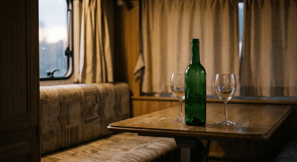 una botella verde sin etiqueta y dos copas de vino vacías sobre una mesa plegable dentro de una casa rodante