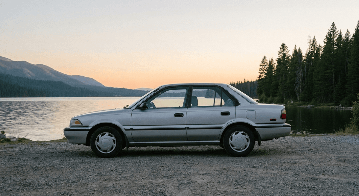 Un sedán plateado estacionado en un área de grava junto a un lago al atardecer, visto de lado