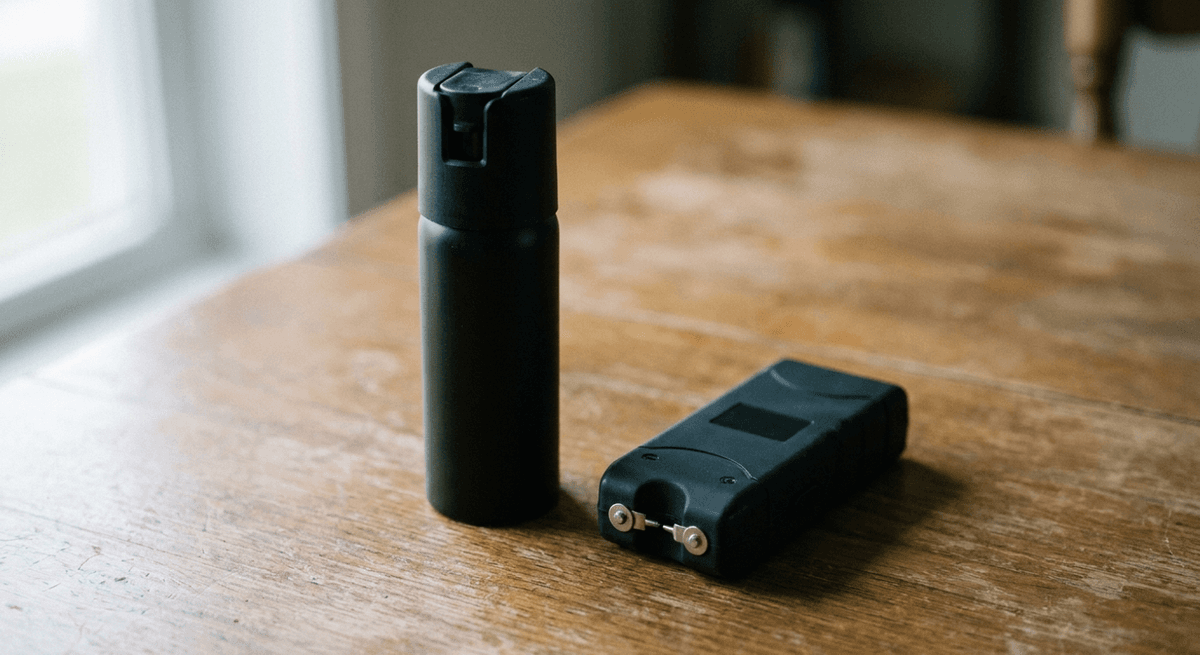 Bote de gas pimienta negro liso junto a un dispositivo paralizante negro compacto sobre una mesa de madera