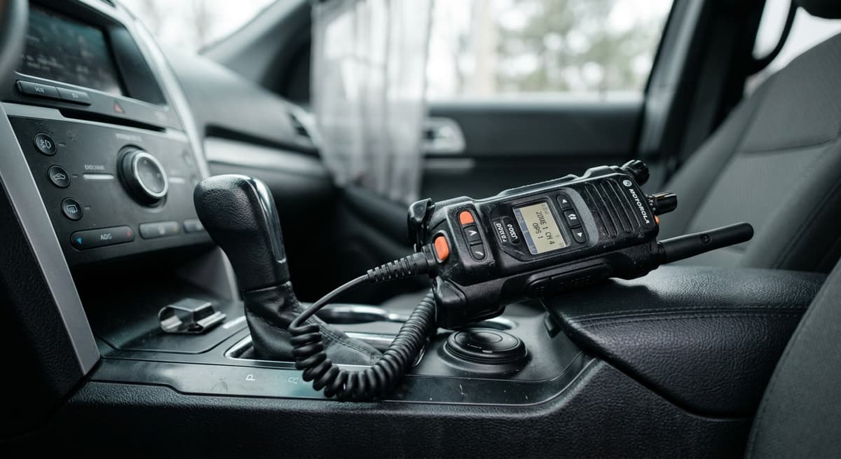 police radio handset on a vehicle center console