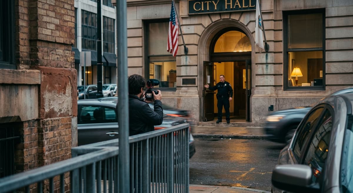first amendment audit scenario showing a public building entrance from across the street
