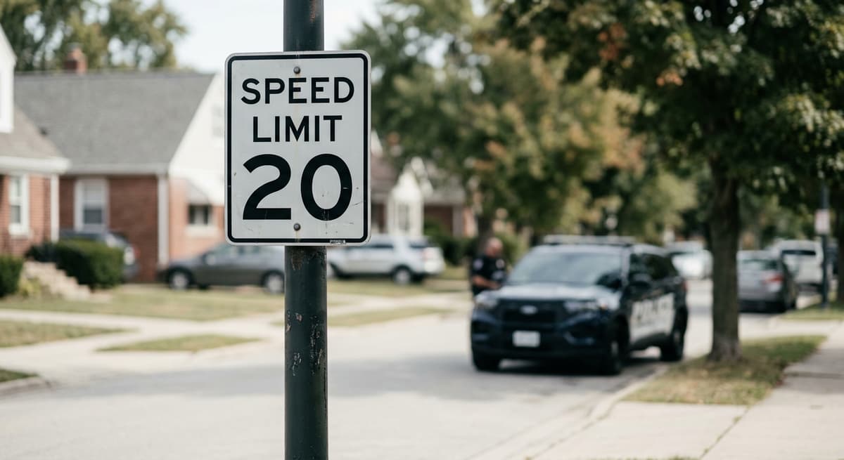 speed limit sign on a residential street with a patrol car visible in the distance