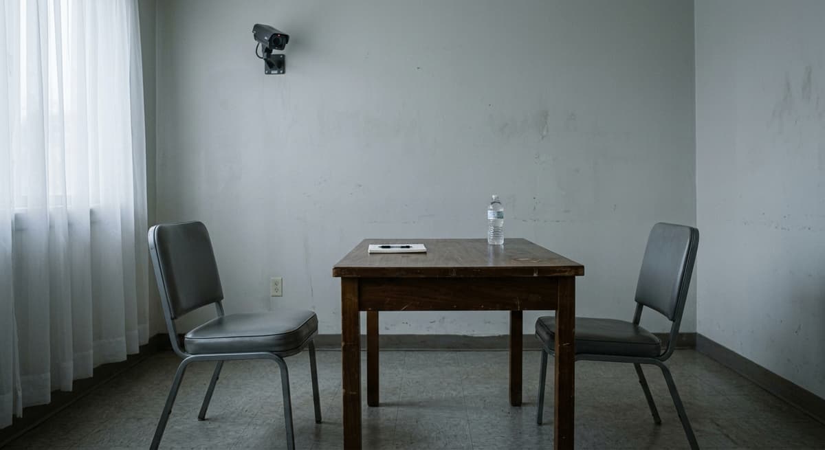 police interview room with a table, two chairs, and a wall-mounted camera