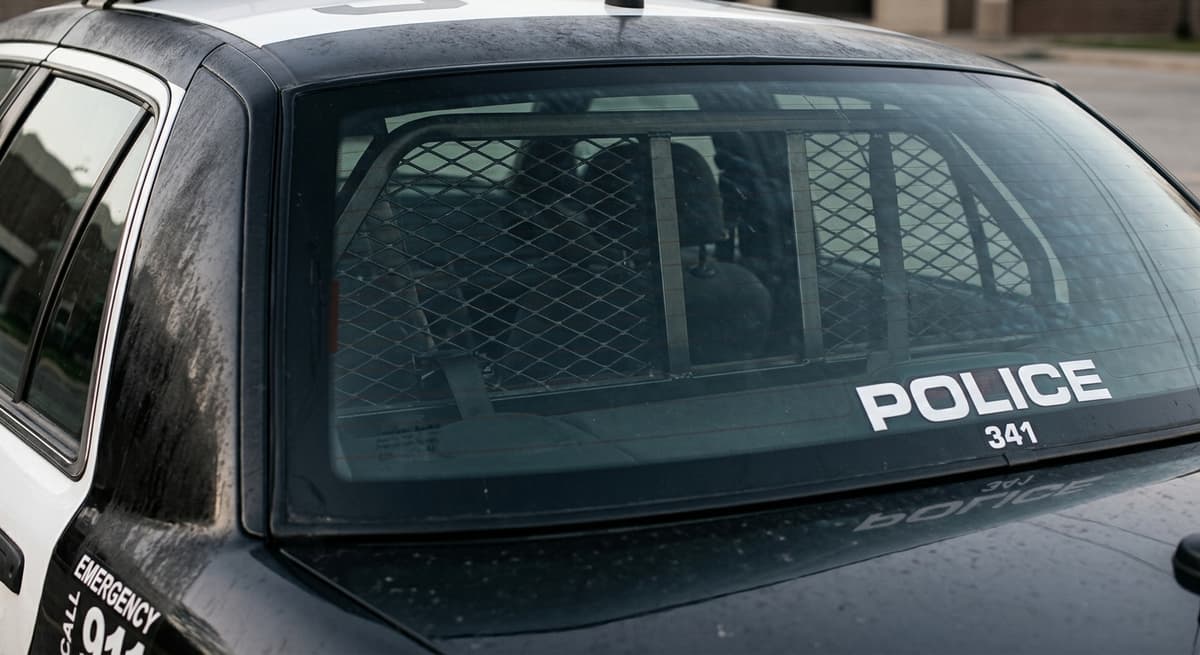 police car rear window with a cage partition visible from outside