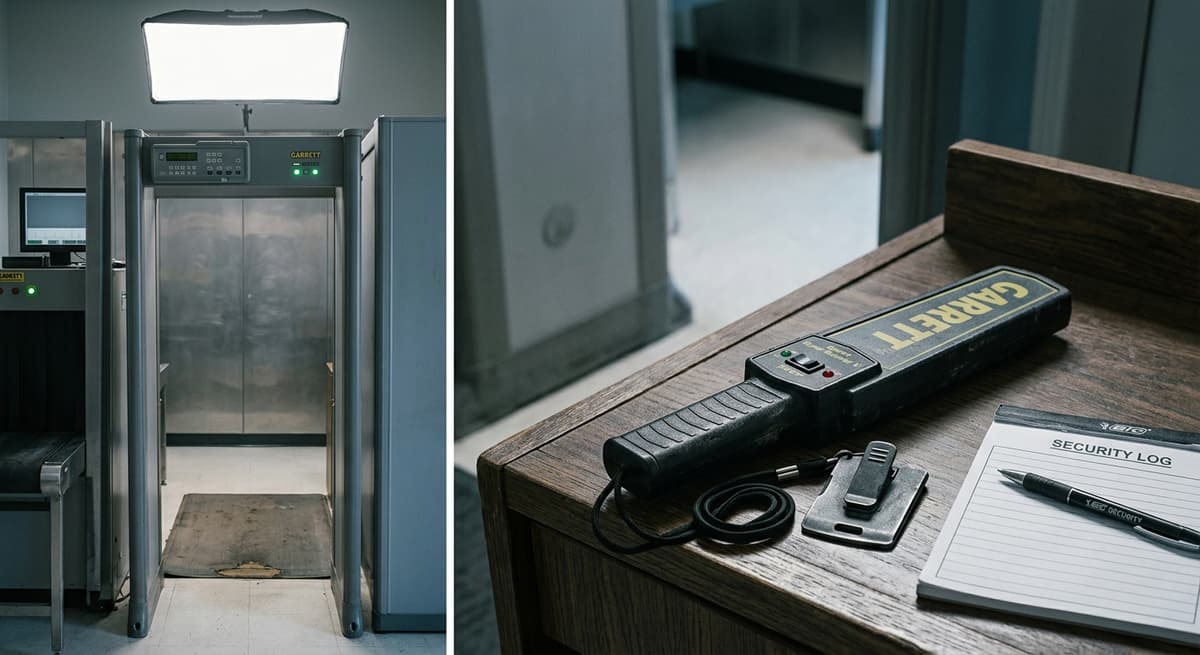 security checkpoint with a metal detector and officer station, empty