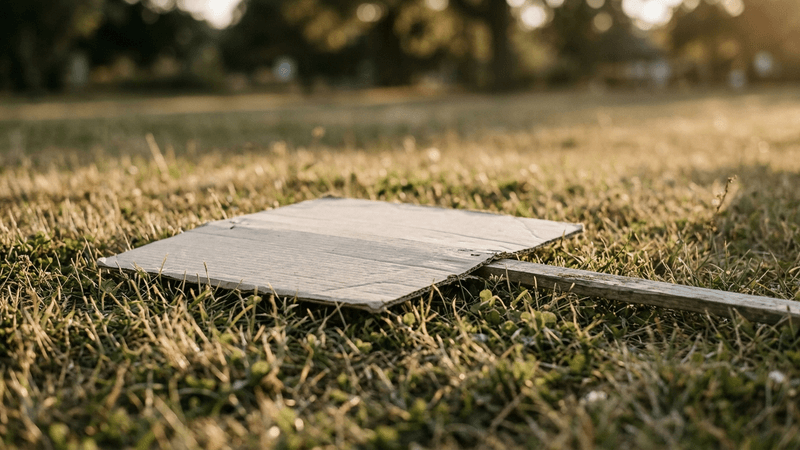 protest sign lying on grass after a demonstration, no people visible