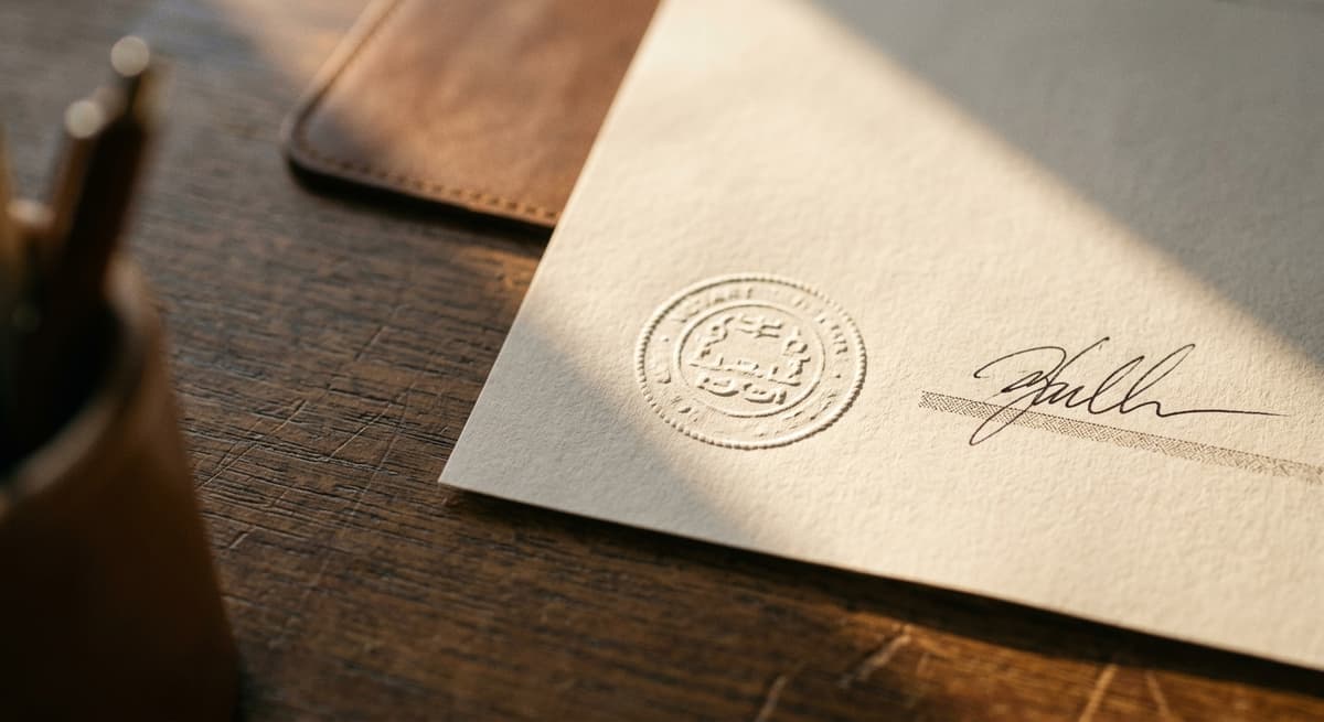 una sola pagina con un sello de notario en relieve y una firma, vista de cerca sobre un escritorio