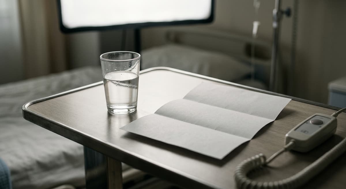 una mesa de noche de hospital con un vaso de agua y un documento doblado bajo luz suave