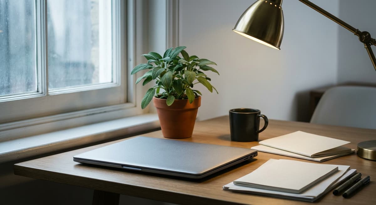 un escritorio de oficina vacio con una laptop cerrada y una pequena planta en maceta junto a una ventana
