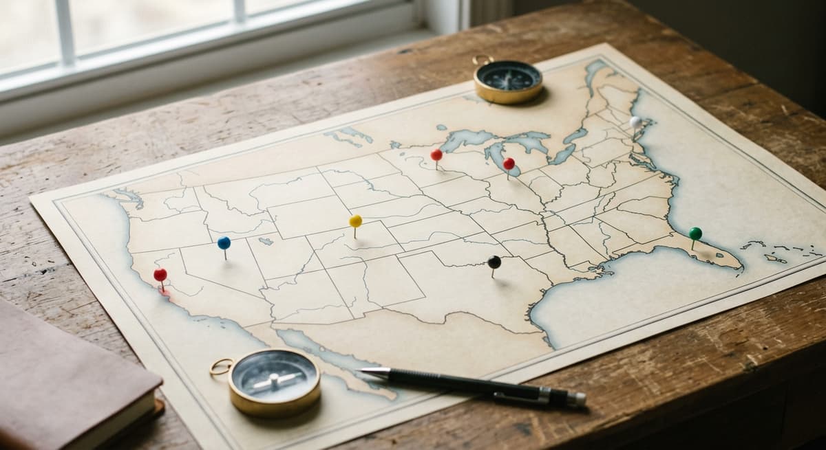un mapa impreso de los Estados Unidos sobre un escritorio con algunos alfileres de colores
