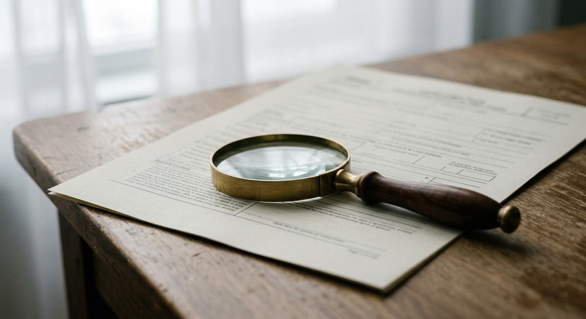 una lupa apoyada sobre un formulario legal impreso en un escritorio