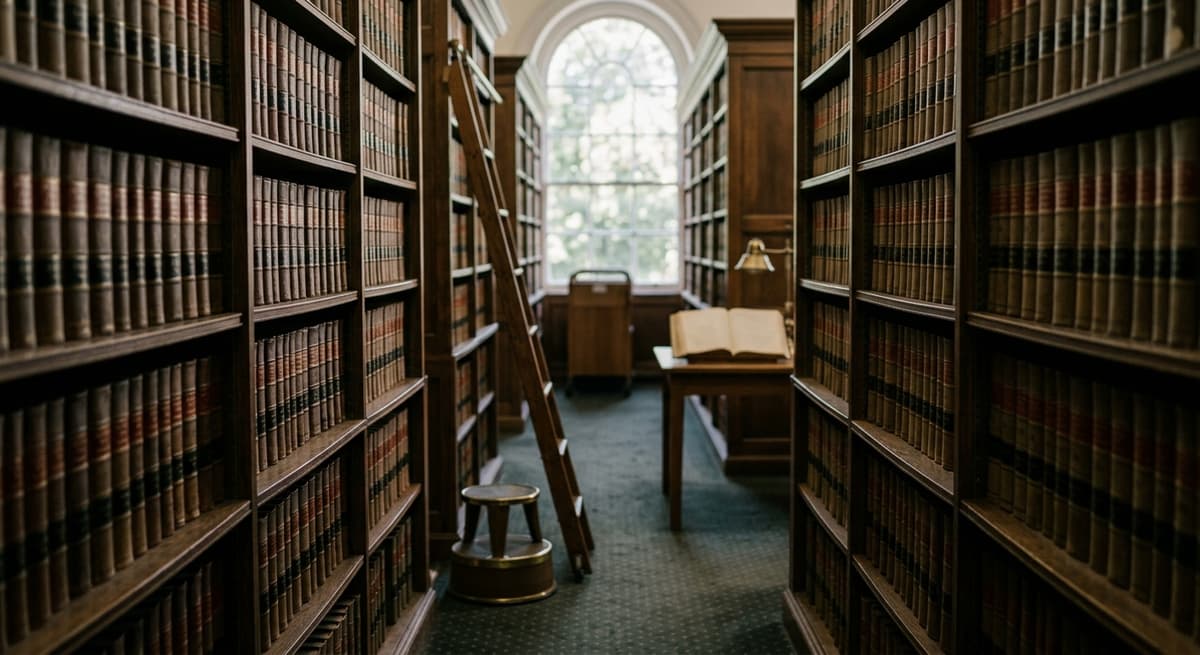 un pasillo tranquilo de biblioteca juridica con estantes altos de volumenes legales encuadernados