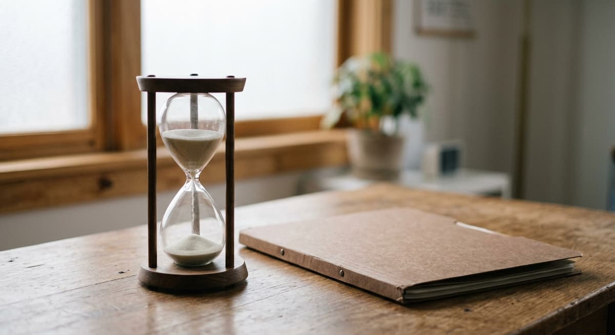 un reloj de arena sobre un escritorio junto a una carpeta cerrada bajo la luz suave de una ventana