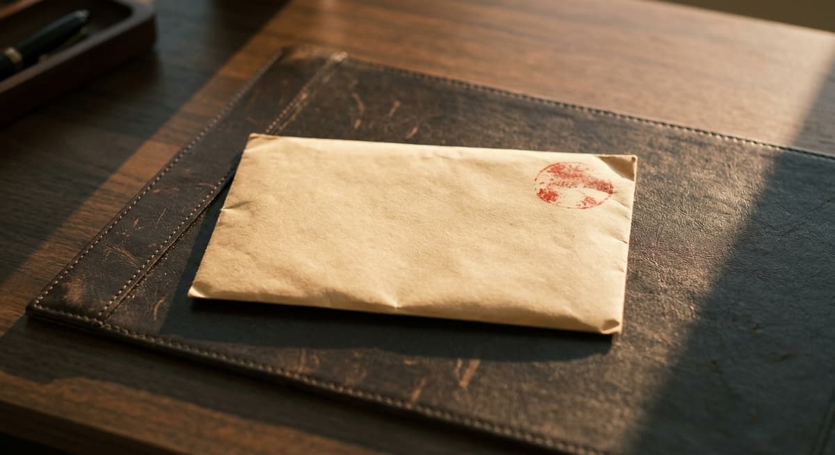 un sobre marcado con un sello rojo sobre un cartapacio de escritorio