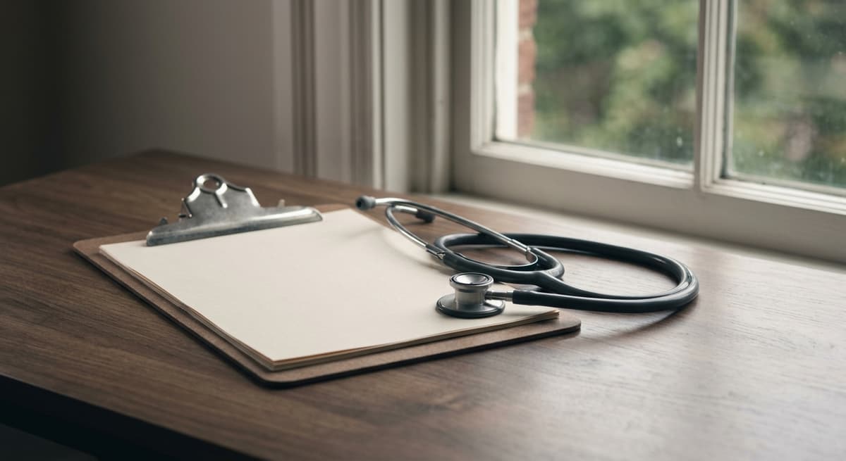 una tablilla con sujetapapeles de medico y un estetoscopio sobre un escritorio cerca de una ventana
